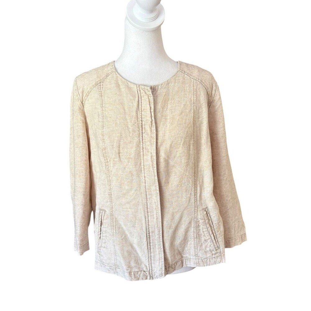 Chicos Linen Jacket Zip Beige Gold Foil 3 Quarter Sleeve Womens Medium Career